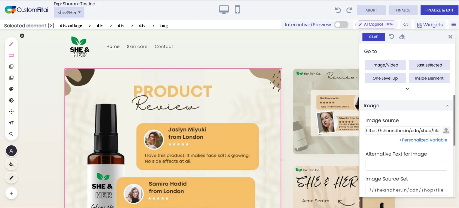 The CustomFit Chrome extension open over a live She & Her skincare store: the visual editor toolbar on the left, a selected product-review image highlighted on the page, and the AI Copilot image-source panel open on the right — editing the live store directly in the browser.