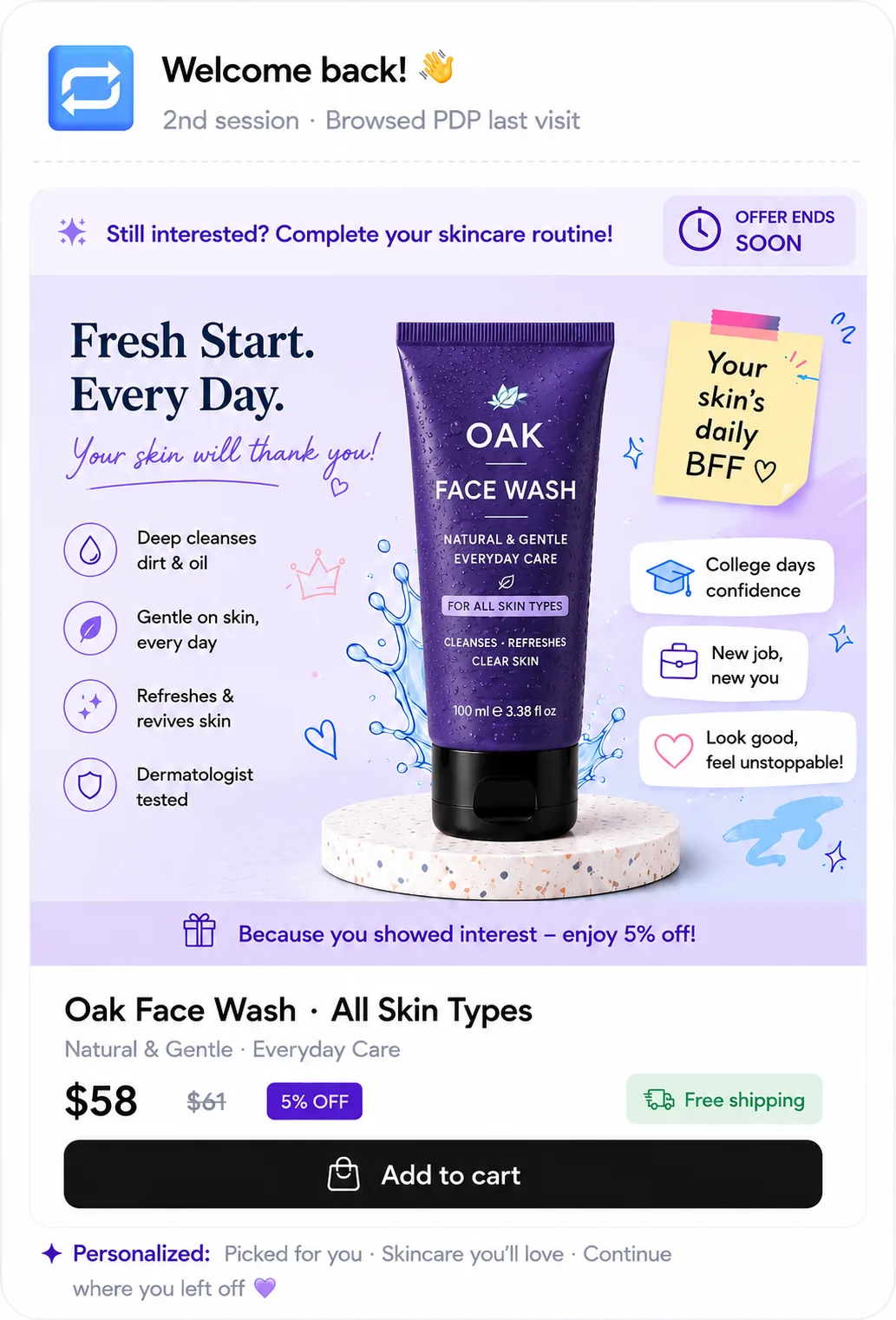 Age group 18-24 personalized experience — Oak Face Wash, college and young-adult skincare, 5% off