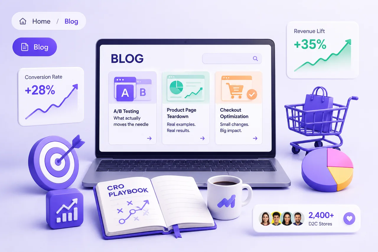 Illustration for the CustomFit.ai blog — CRO insights, store teardowns, and A/B testing playbooks tested in real D2C stores.
