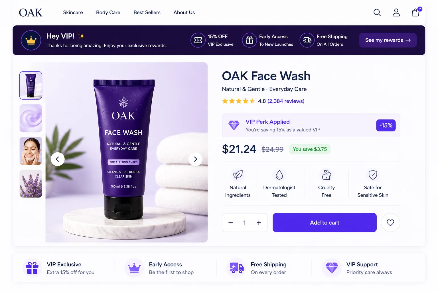 Repeat-customer personalization on a skincare storefront — a returning VIP shopper sees member pricing, a 1-click reorder of their last purchase, and a loyalty tier badge. Personalized hero, member offers, and 1-click reorder drive higher repeat rate and lifetime value for existing customers.