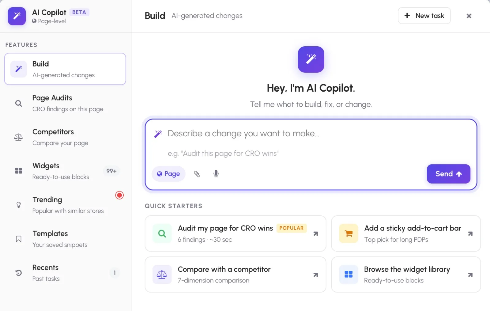CustomFit AI Copilot — Build screen: describe a change, audit a page, compare a competitor, or browse the widget library