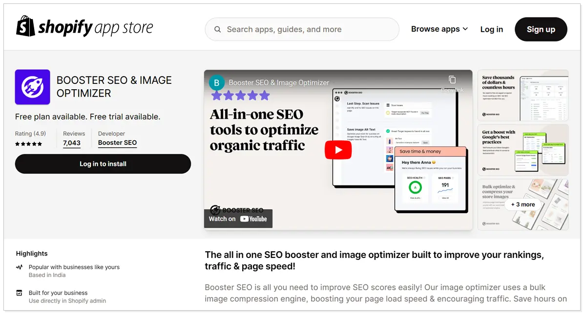 Booster SEO and Image optimizer with a youtube video and a button log in to install.