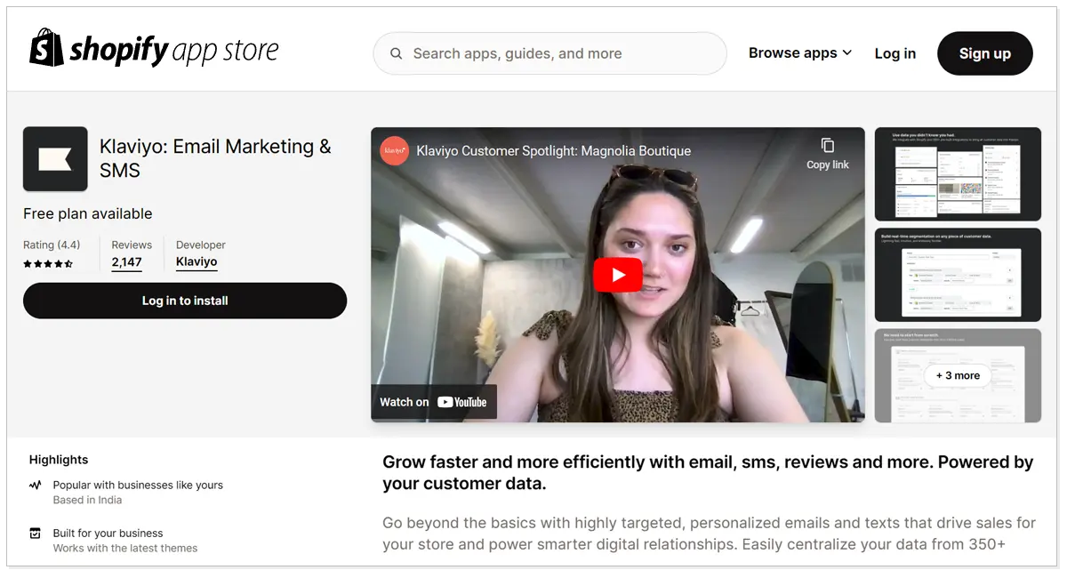 Klaviyo: Email marketing and SMS with a youtube video and Log in to install button.