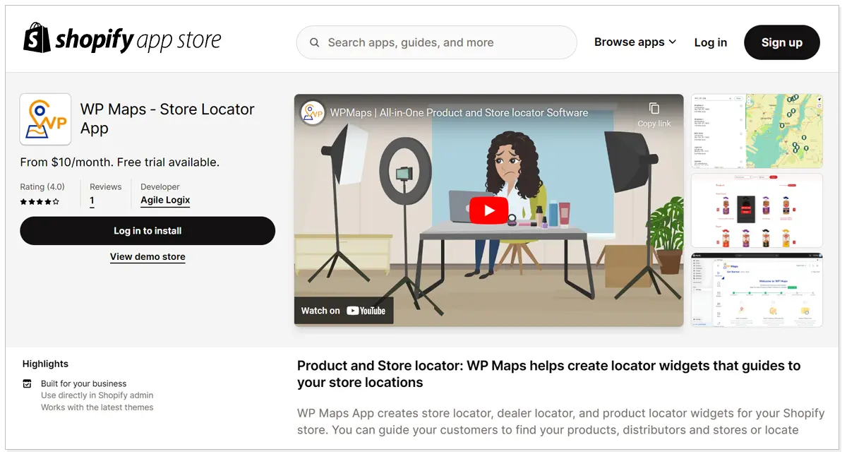 Wp Maps- Store Locator App with a youtube video and Log in to install button.