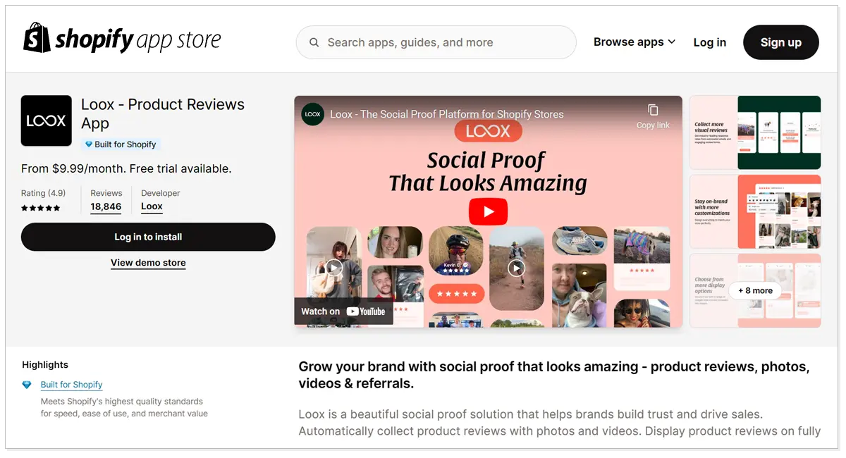 Loox - Product Reviews App with a youtube video and Log in to install button.