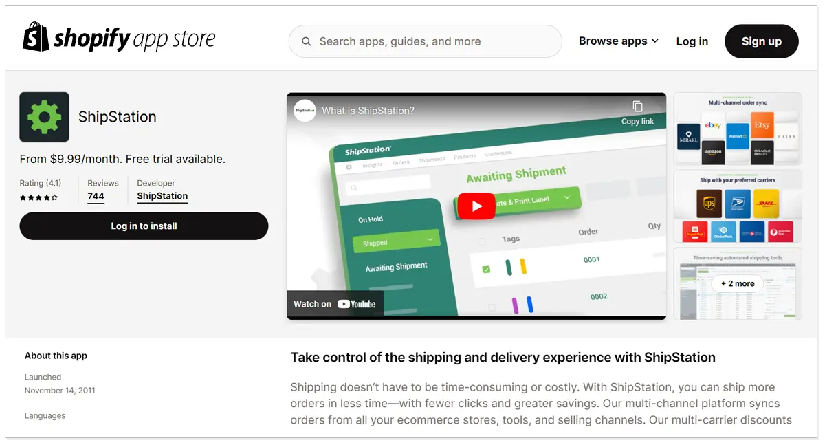 Shipstation with a youtube video and Log in to install button.