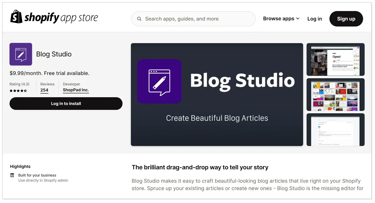 Blog Studio with a youtube video and Log in to install button.