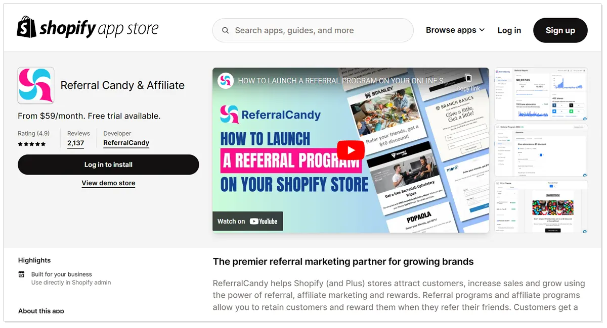 Referral Candy and Affiliate with a youtube video and Log in to install button.