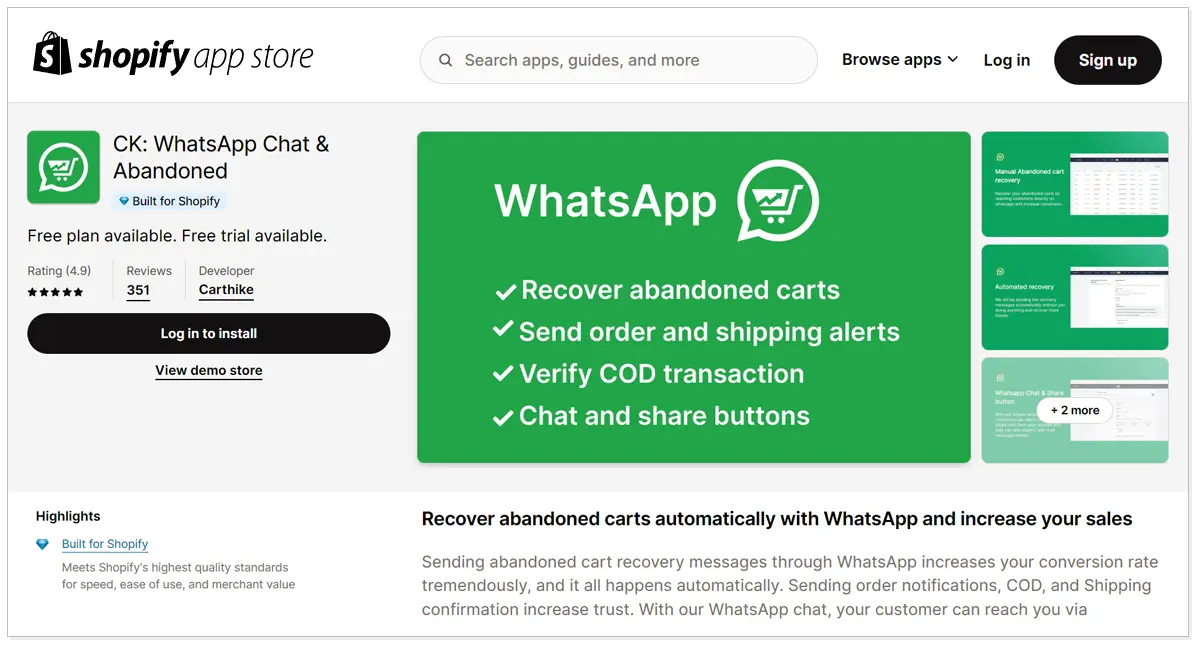 CK: Whatsapp Chat and Abandoned with a youtube video and Log in to install button.