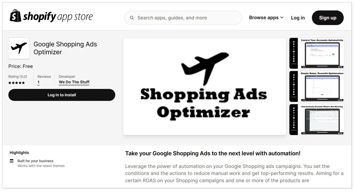 Googlle Shopping Ads Optimizer with a image of an Airplane.