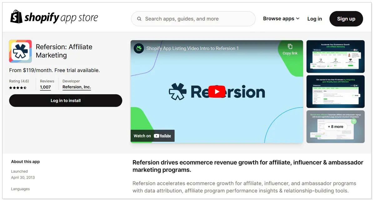 Refersion: Affiliate Marketing with a youtube video and Log in to install button.