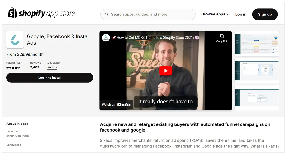 Google, Facebook and Inst Ads with a log in to install button and video of a man speaking about it.