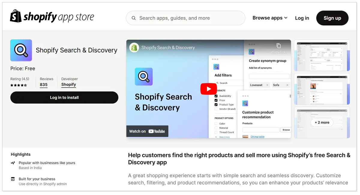 Shopify Search and Discovery Log in to Install and Sign up button with a Youtube video.