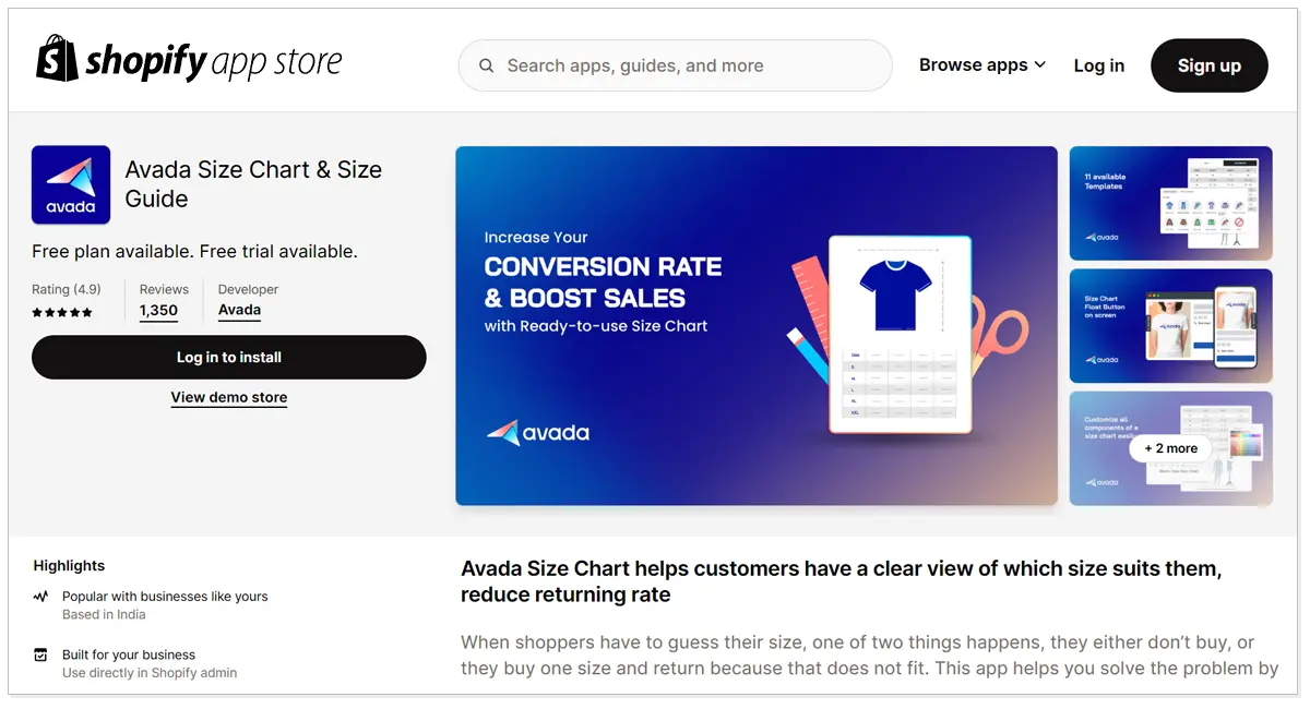 Avada Size Chart and Size Guide with a Lo in to Install and View demo option.