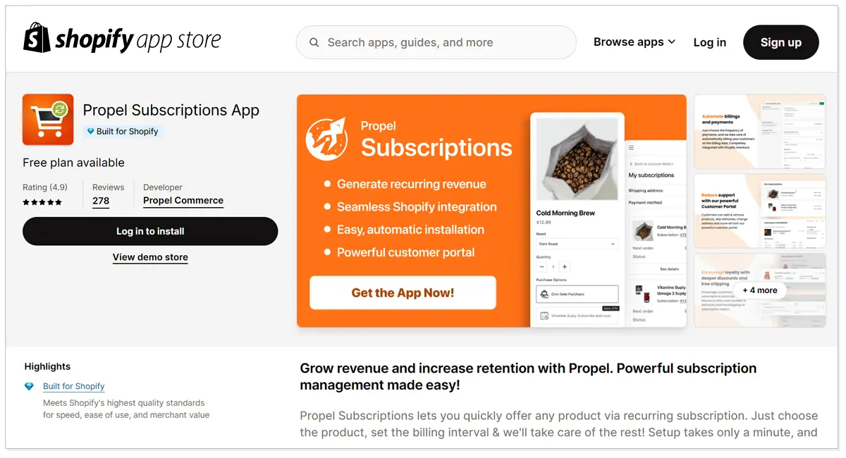 Propel Subscription App with a briefing about the Propel subscription and demo button.