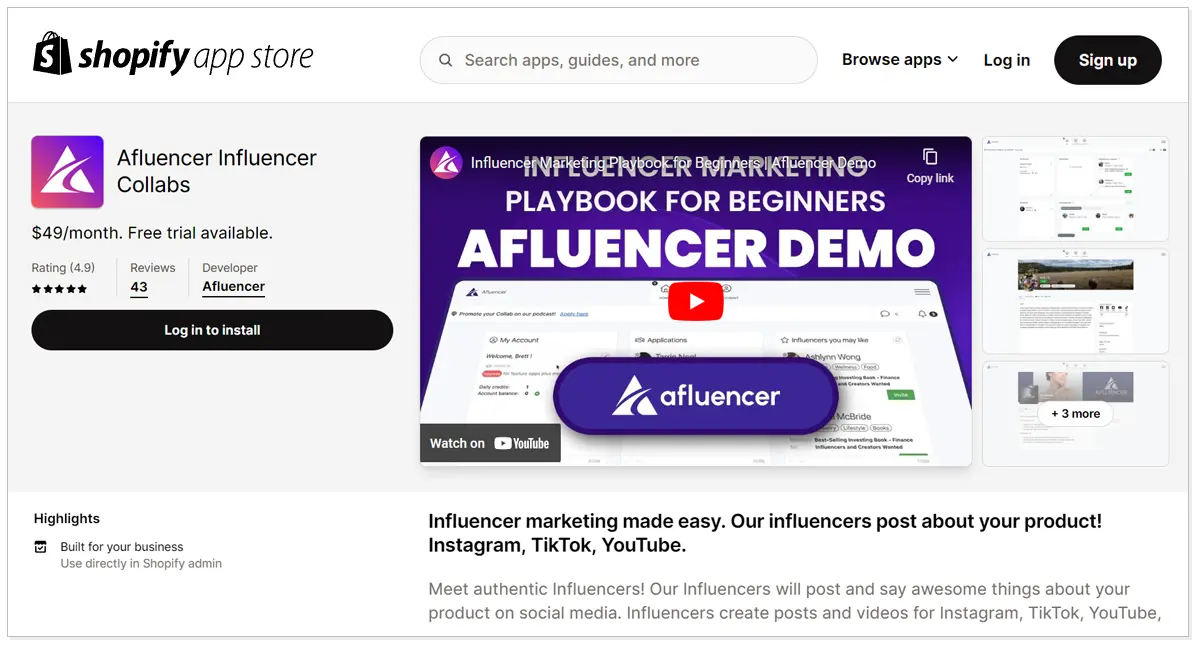 Afluencer Influencer Coliabs with a youtube video and Log in to install button.