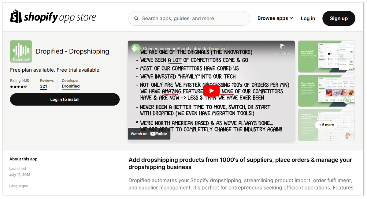 Dropiied - Dropshipping with a youtube video and Log in to install button.