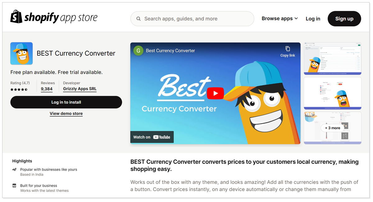 Best Currency Converter with a youtube video and Log in to install button and a demo store.