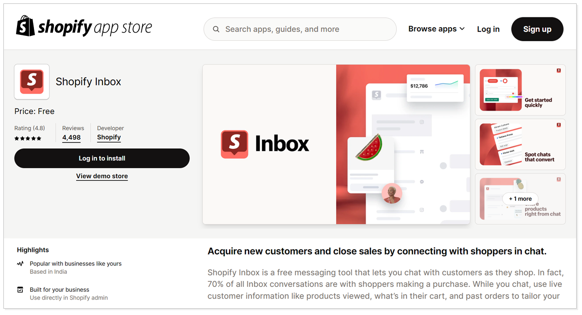 Shopify Inbox with a youtube video and Log in to install button and view demo store.