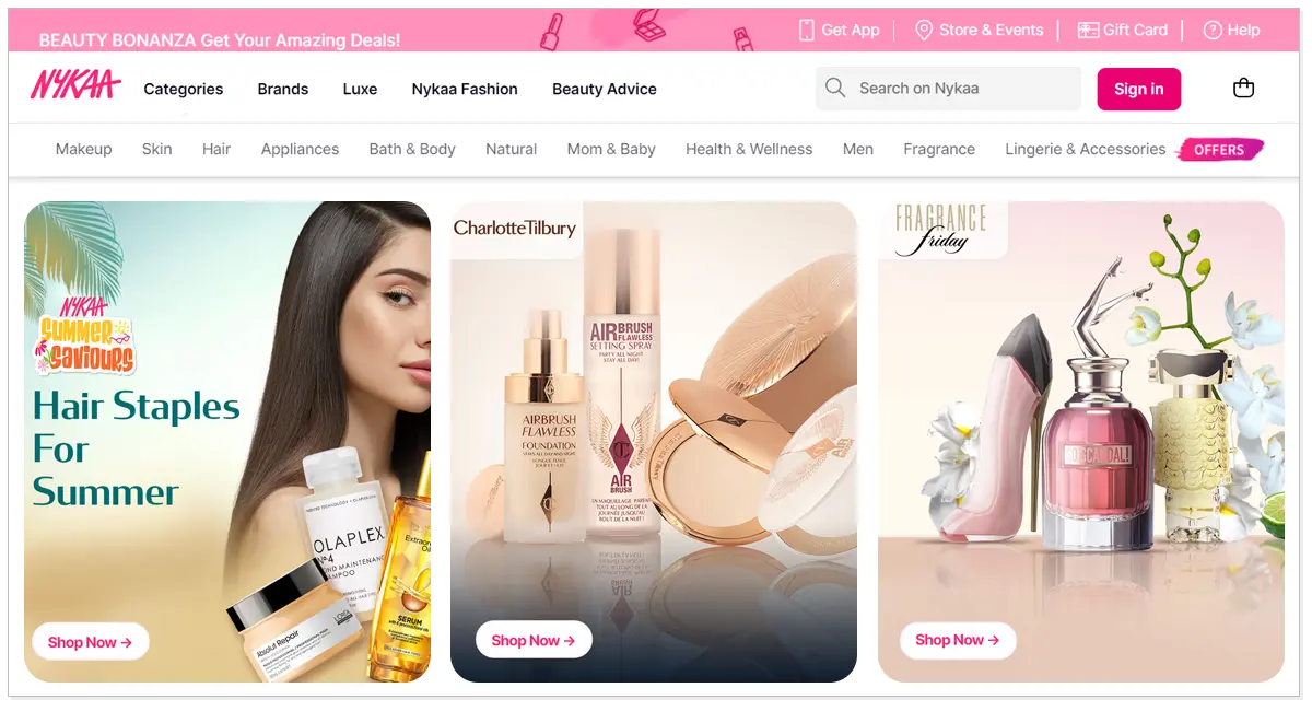 A home page of Nykaa Showcasing 3 pictures the one consist a girl with its product and second and third picture having beauty product of Nykaa.