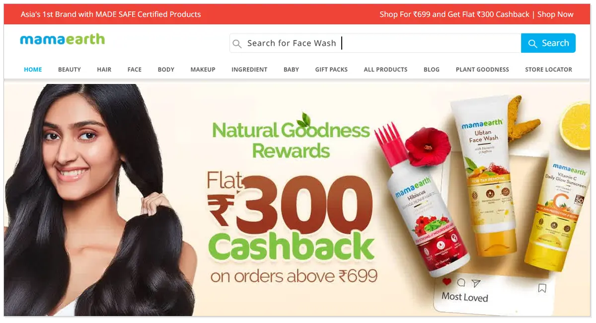 A home page of Mamaearth showcasing a picture of a girl and beauty products of Mamaearth and an offer saying 300 cashback on orders above 699.