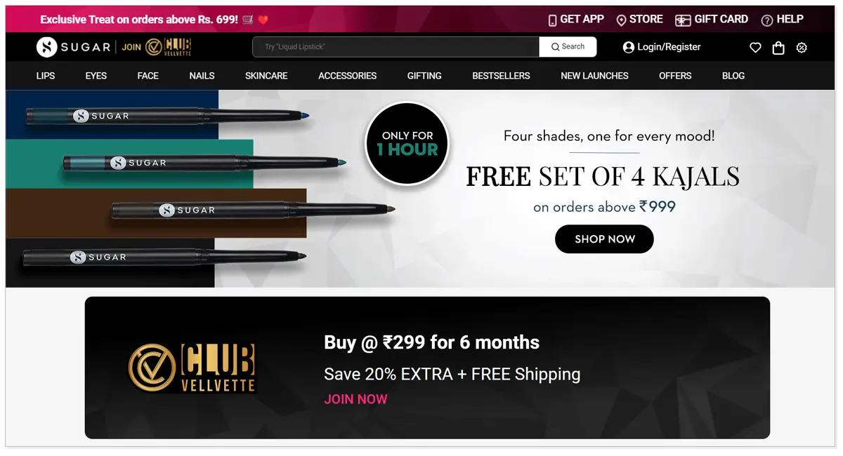 Sugar Cosmetics home page with products of Sugar cosmetics showing free set of 4 Kajals on orders above rupees 999