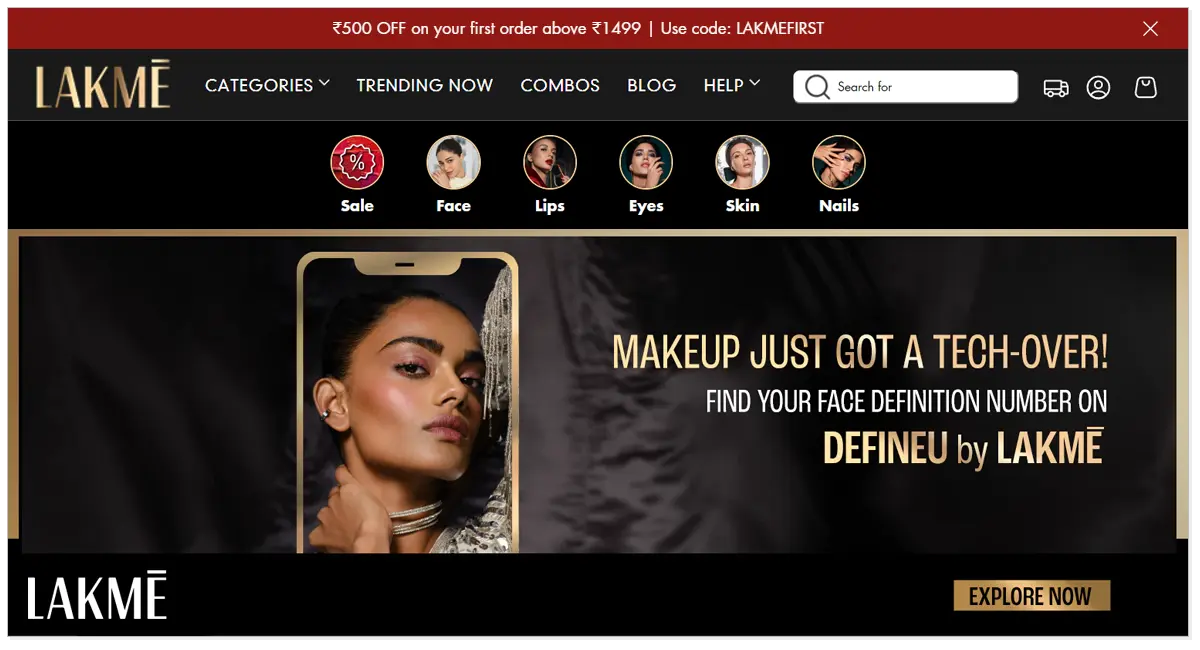 Lakme home page picture with a model girl with explore now button.