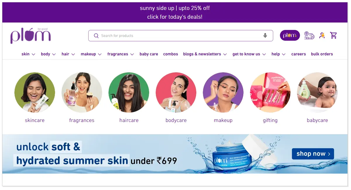 A home page of Plum showing different section of beaty product lines with shop now button.