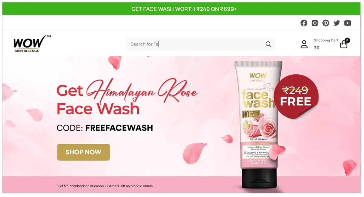 Home page of Wow Skin Science with the wow face wash and shop now button.