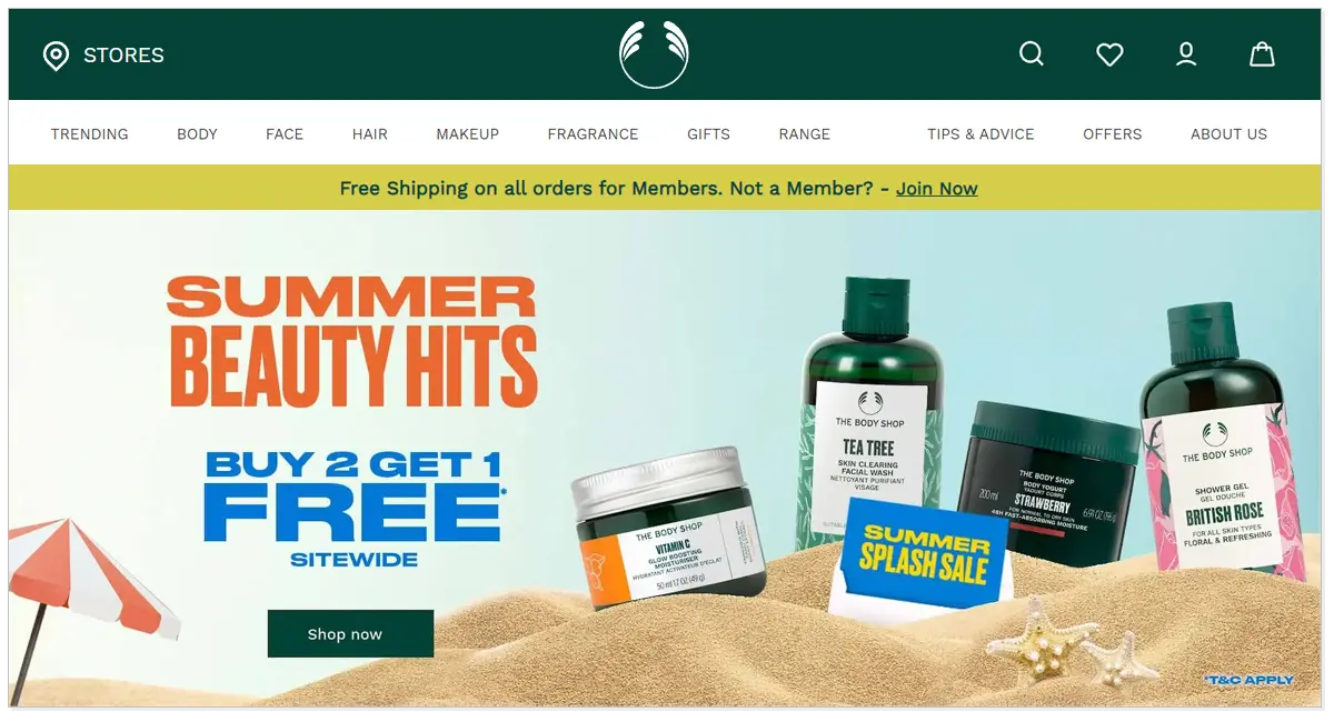 A home page of The Body Shop India and its product picture as well as shop now button.