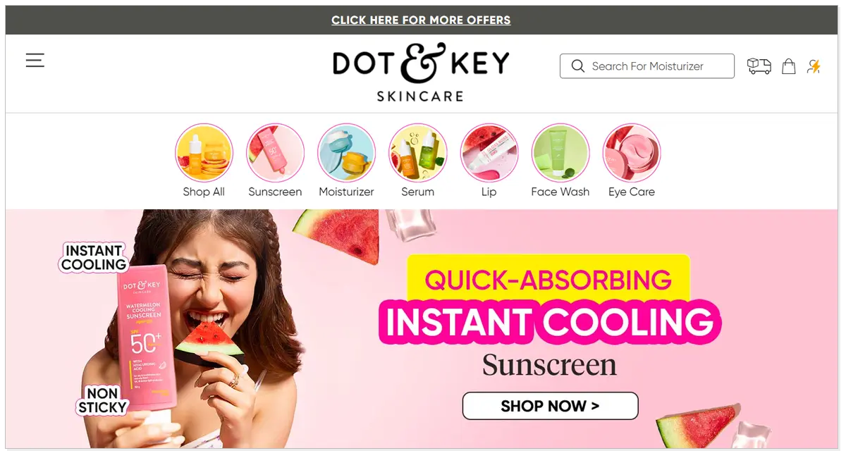 A home page of Dot & Key with a girl picture biting slice of watermelon and Dot & Key product.