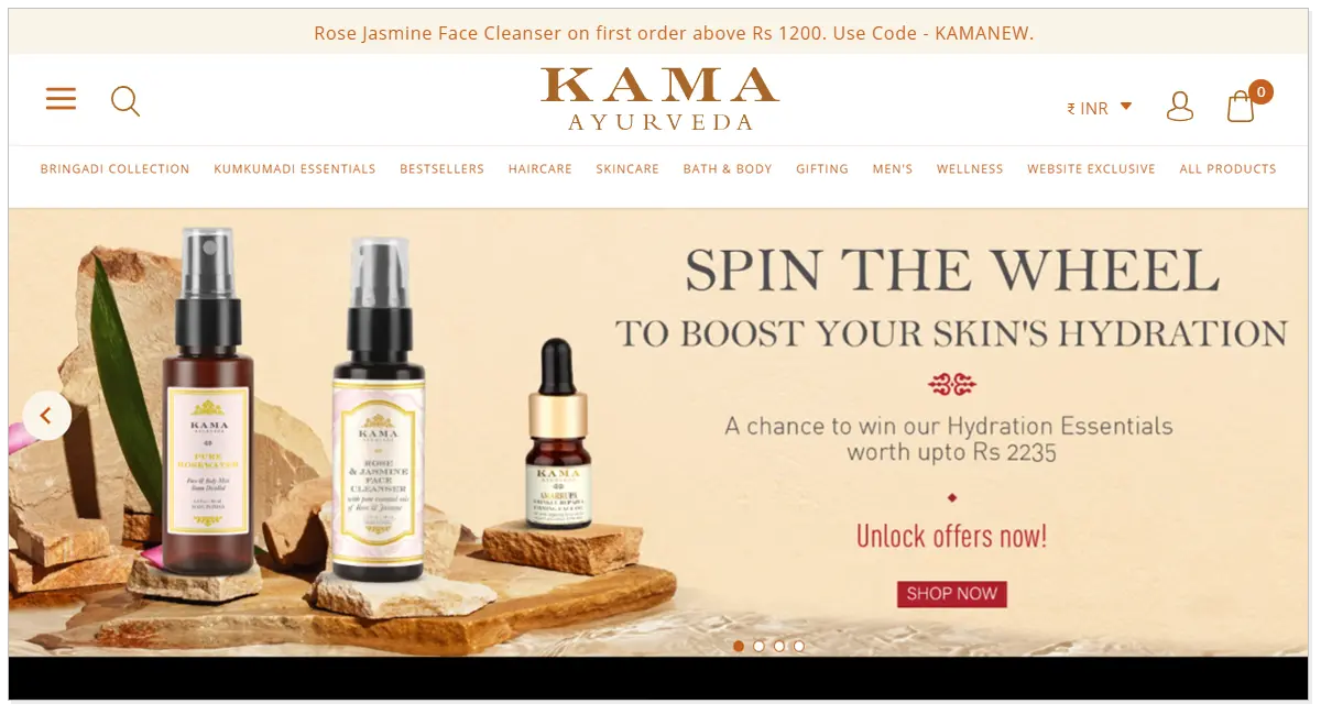 A home page picture of Kama Ayurveda with its beauty products and shop now button.