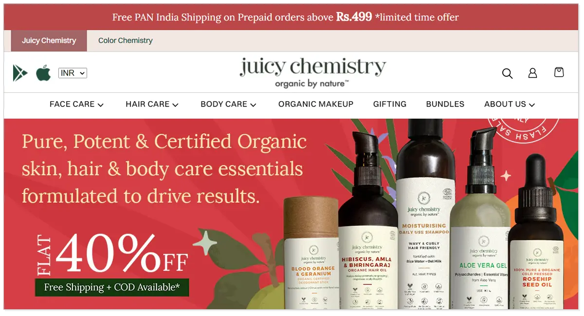 Juicy Chemistry home page with the different product picture of Juicy Chemistry and flat 40% off.
