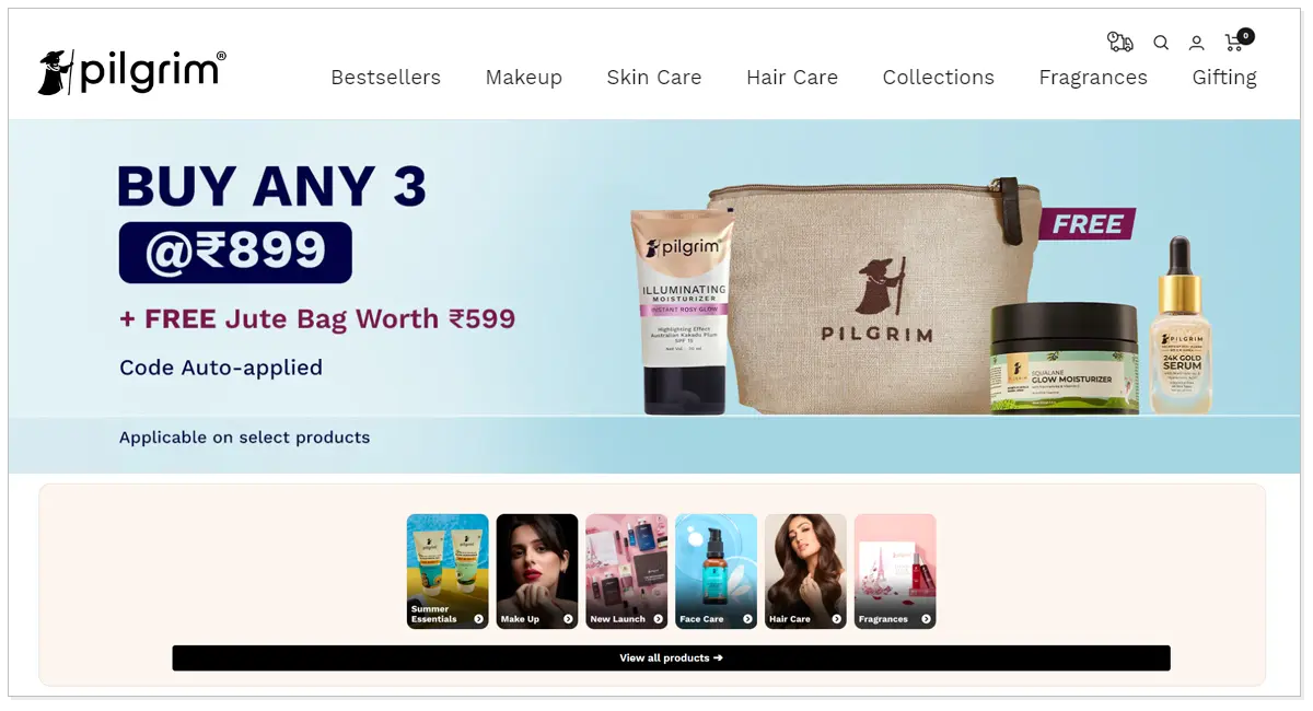 Pilgrim home page with its product.