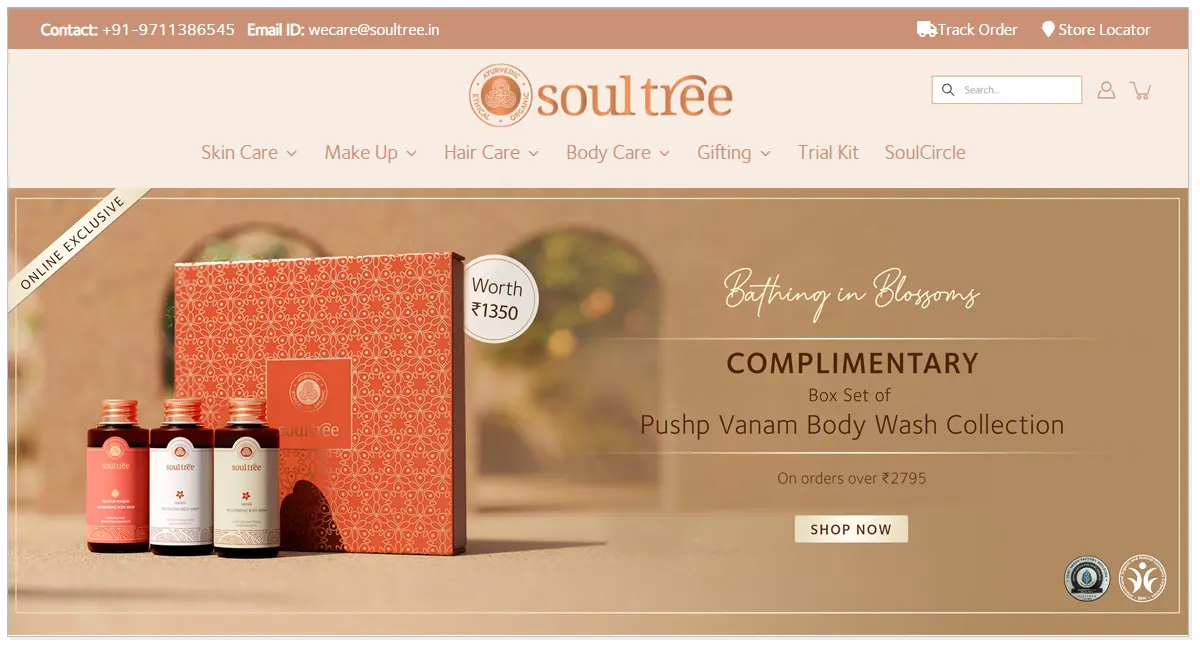 SoulTree home page with its products and a box with shop now button.