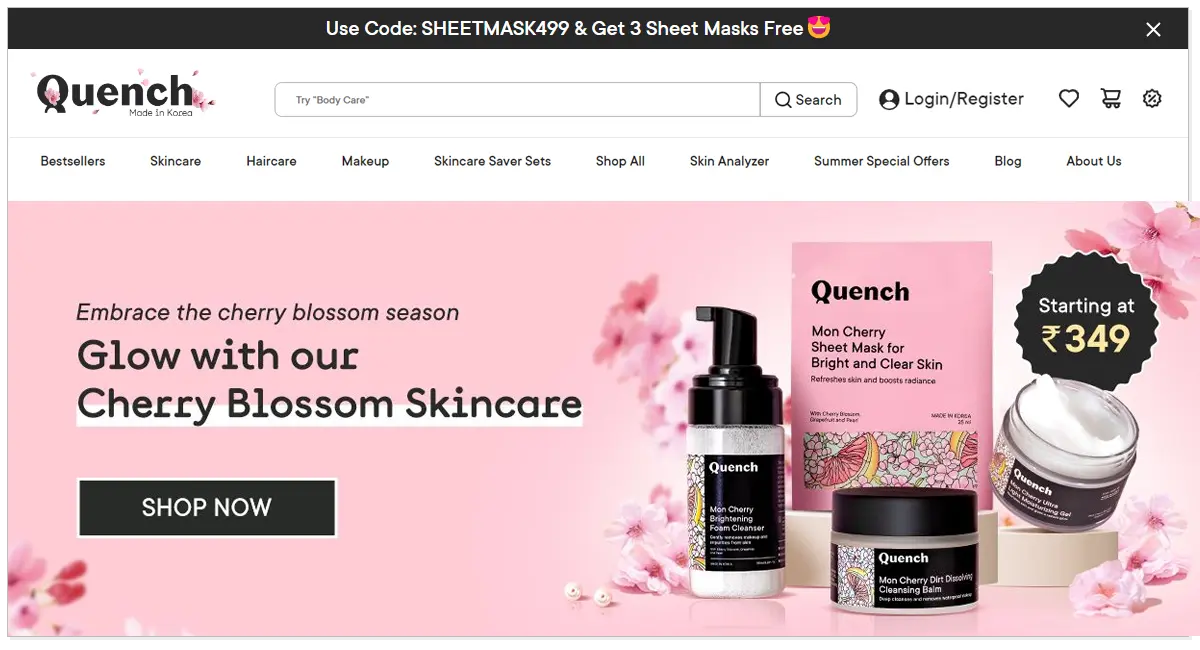 Quench home page with the product of Quench and shop now button.