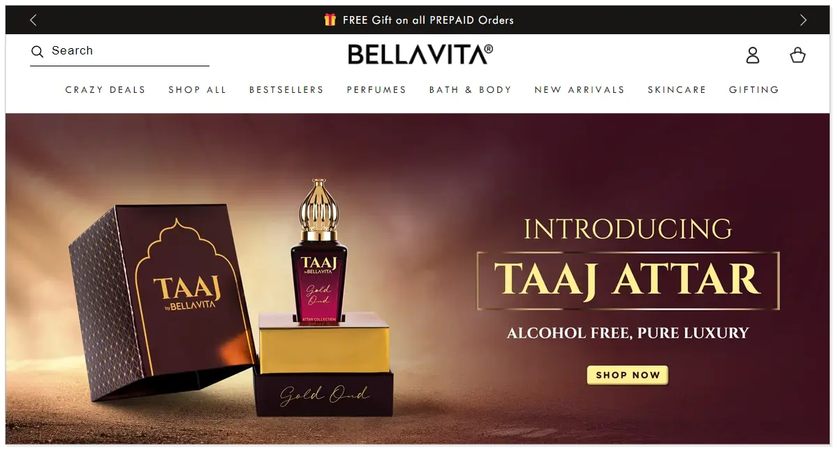 Bellavita home page with Taaj Attar and shop now button.