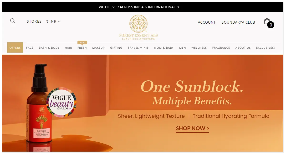 Forest Essentials home page with its vogue beauty Award product and shop now button.