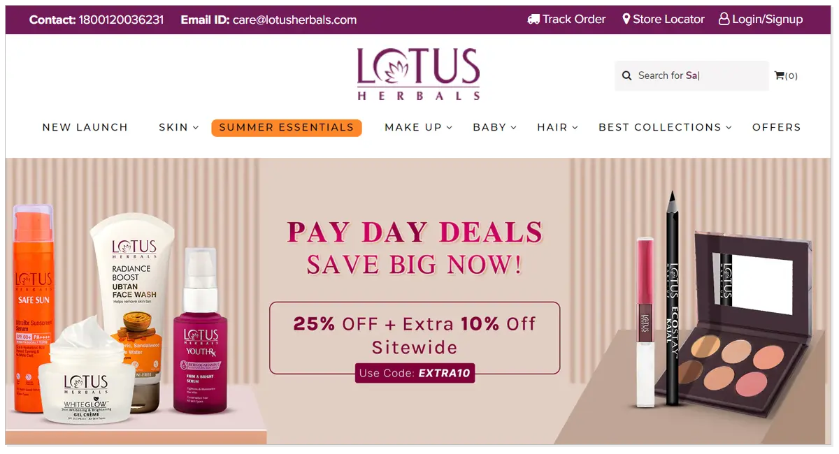 Lotus Herbals home page with its beauty products.