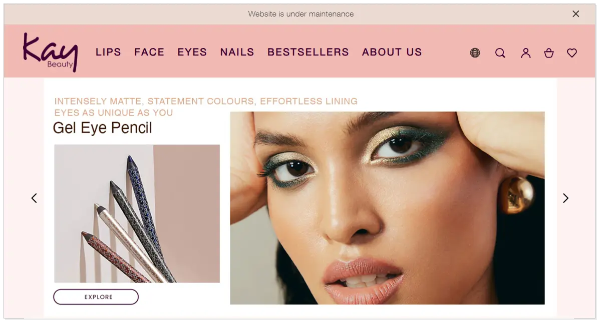 Kay Beauty with a picture of lady model and Gel Eye Pencil and explore button.