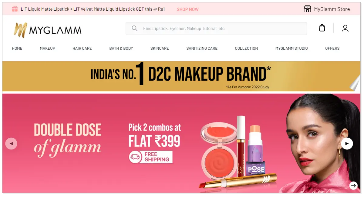 MyGlamm home page with Shradha Kapoor and MyGlamm beauty product.