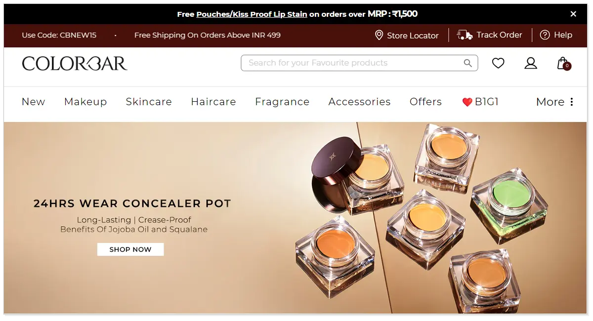 Colorbar home page with its beauty products and shop no button.