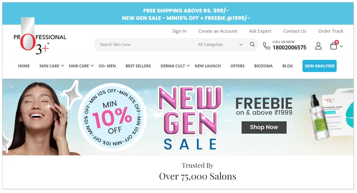 Home page of o3+ with a picture of a girl and shop now button.