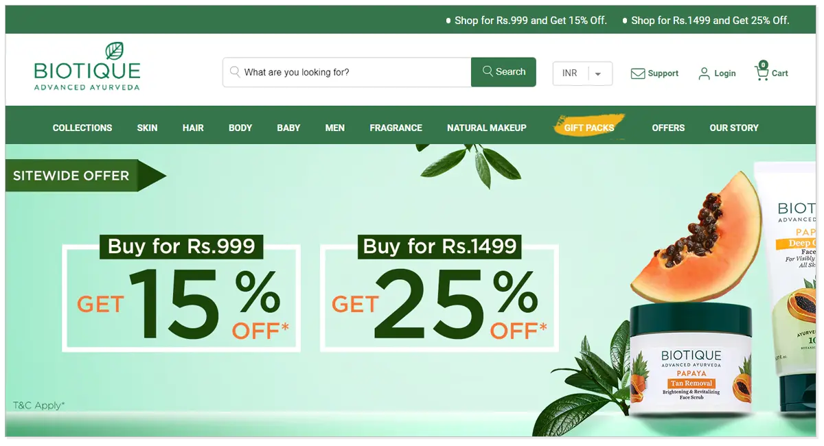 Biotique home page with its beauty product and Papaya.
