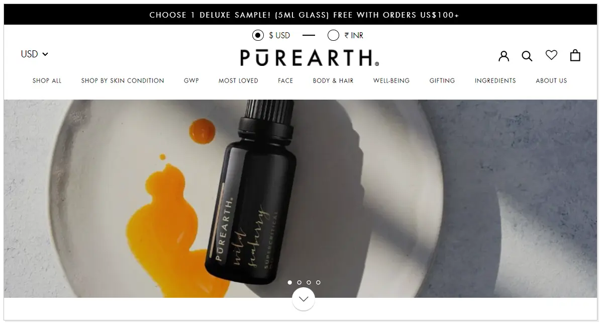 A home page of Purearth with its beauty product.