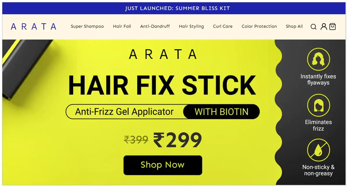 Home page of Arata with shop now button.
