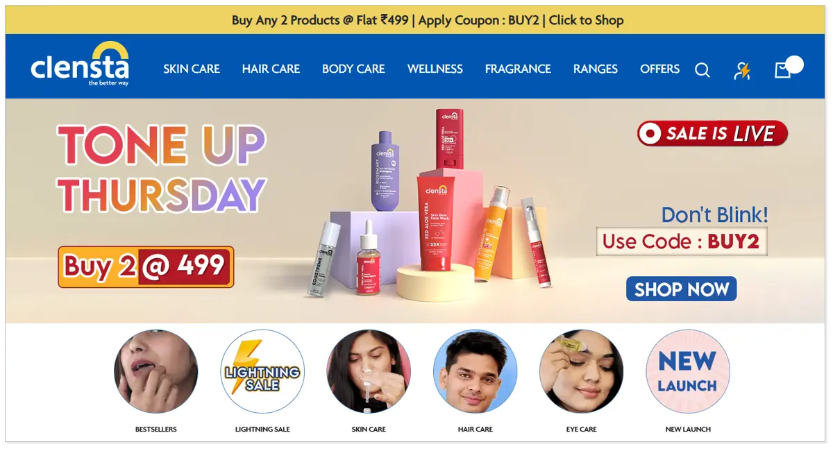 Clensta hom page with their different beauty care products with shop now button.