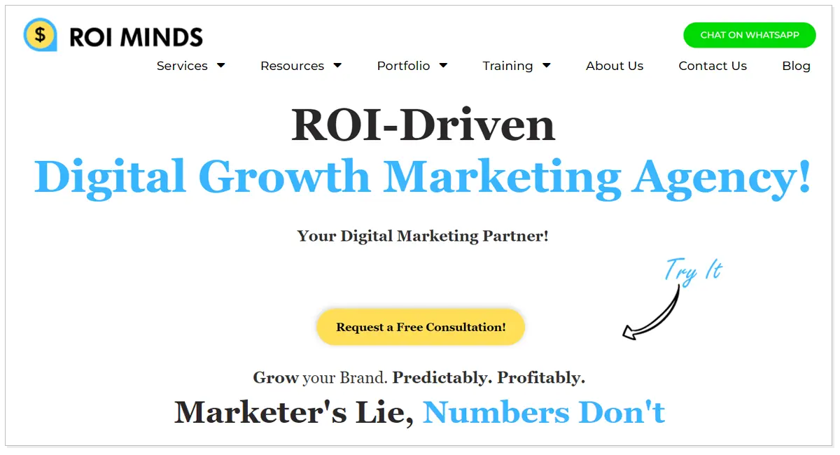A home page of Roi Minds marketing agency with a Request a free consultation button.
