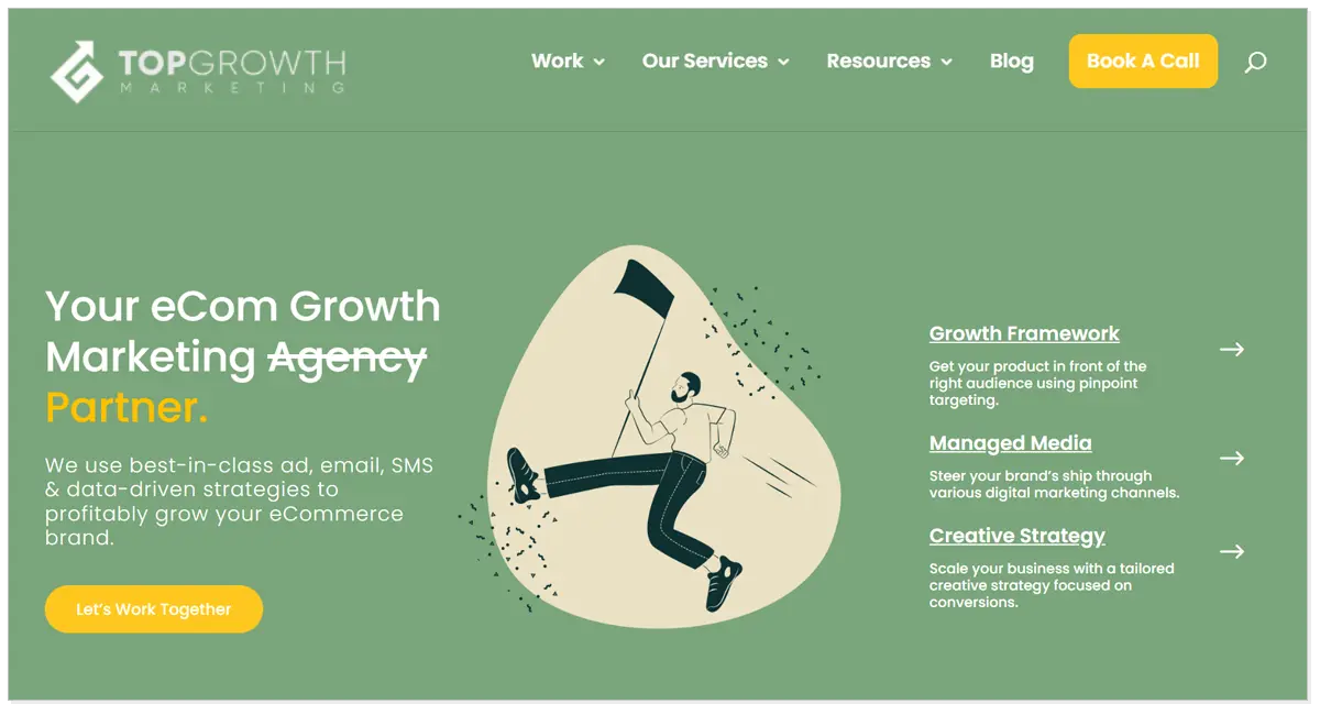 A picture of Top Growth Marketing Agency with the drawing of a man holding a flag.