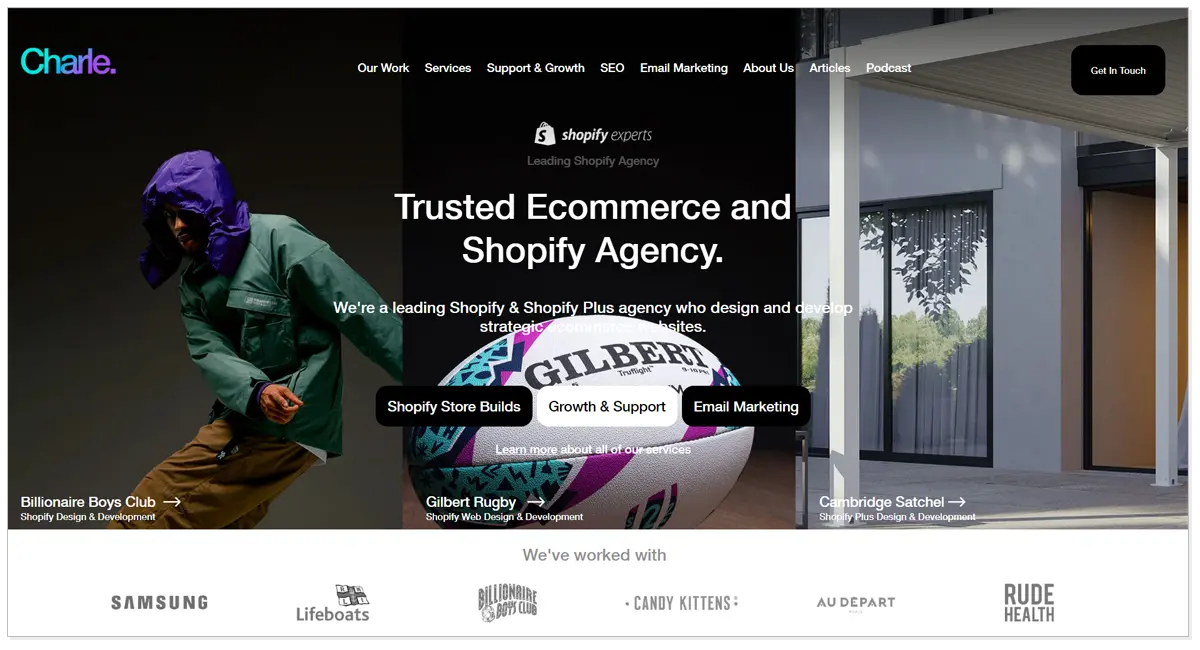 Charle Agency with a picture of a man and a ball and a statement saying Trusted Ecommerce and Shopify Agency.